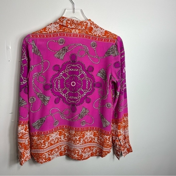 Anthropologie Maeve Potala Scarf & Chain 100% Silk Blouse Size 2 Orange Pink - Picture 3 of 3